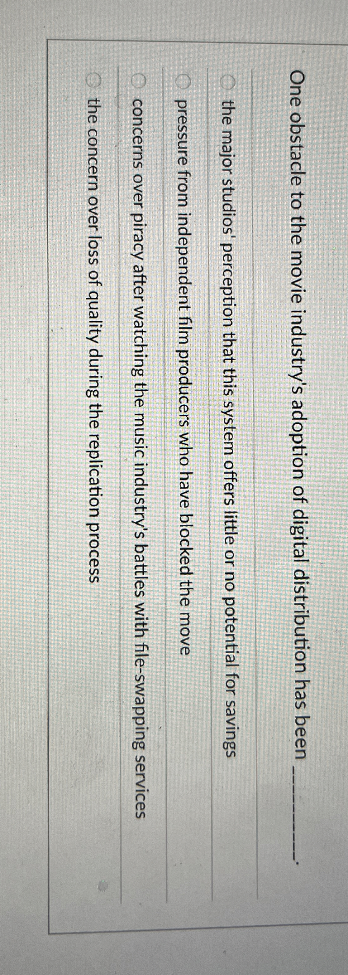 One obstacle to the movie industry's adoption of