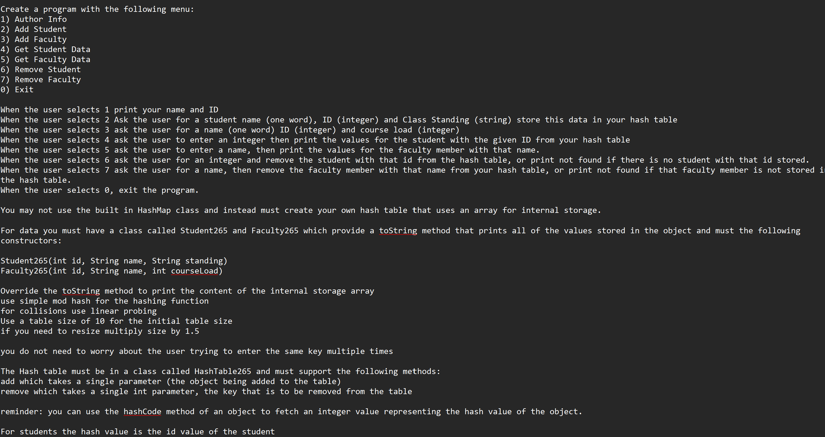 Create a program with the following menu: 1 )