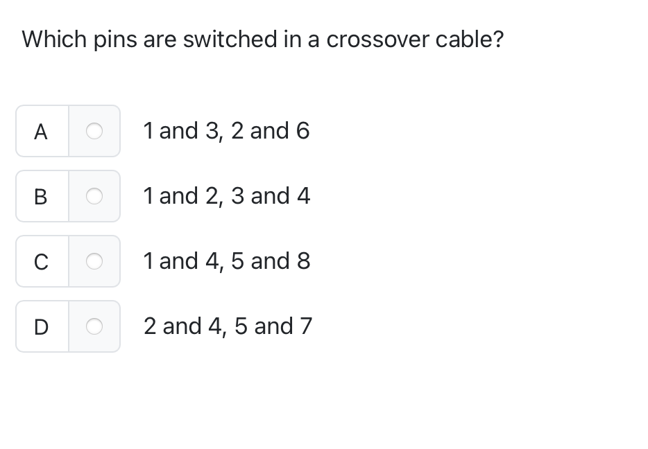 Which pins are switched in a crossover cable? A 1