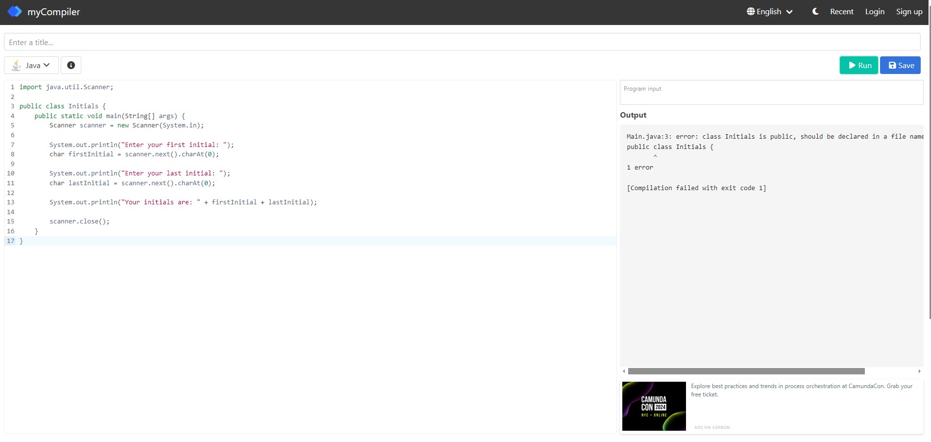 Write a complete Java program to read in the user