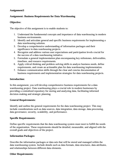 Assignment 3 Assignment: Business Requirements