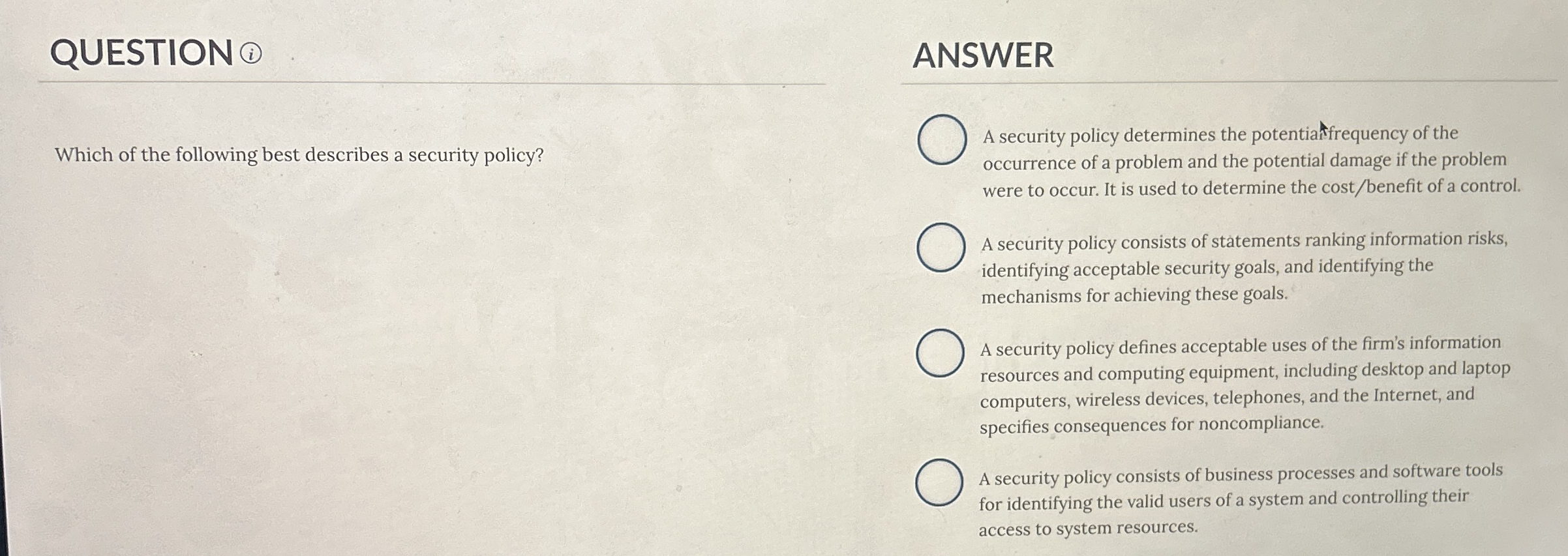 QUESTION ANSWER Which of the following best