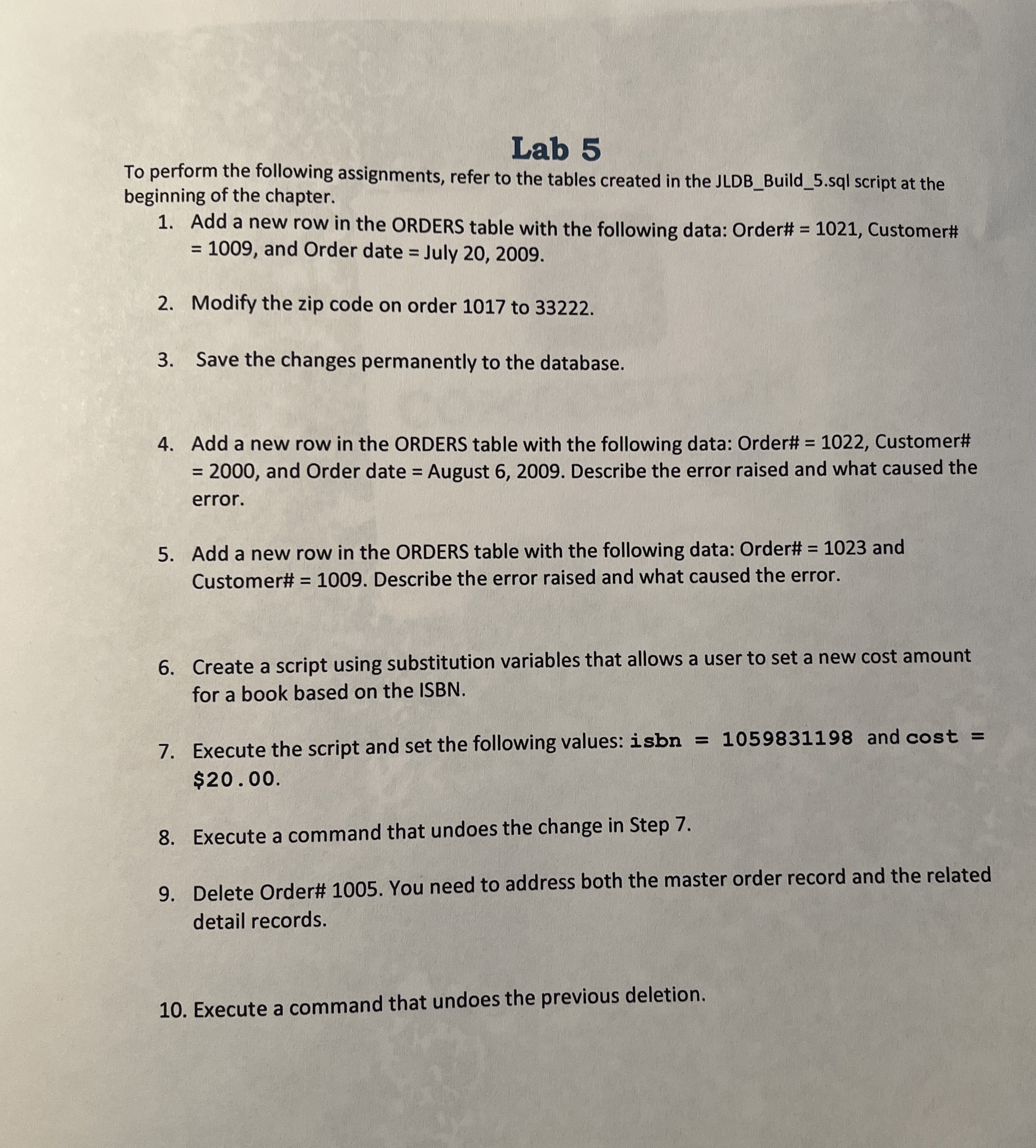 Lab 5 To perform the following assignments, refer