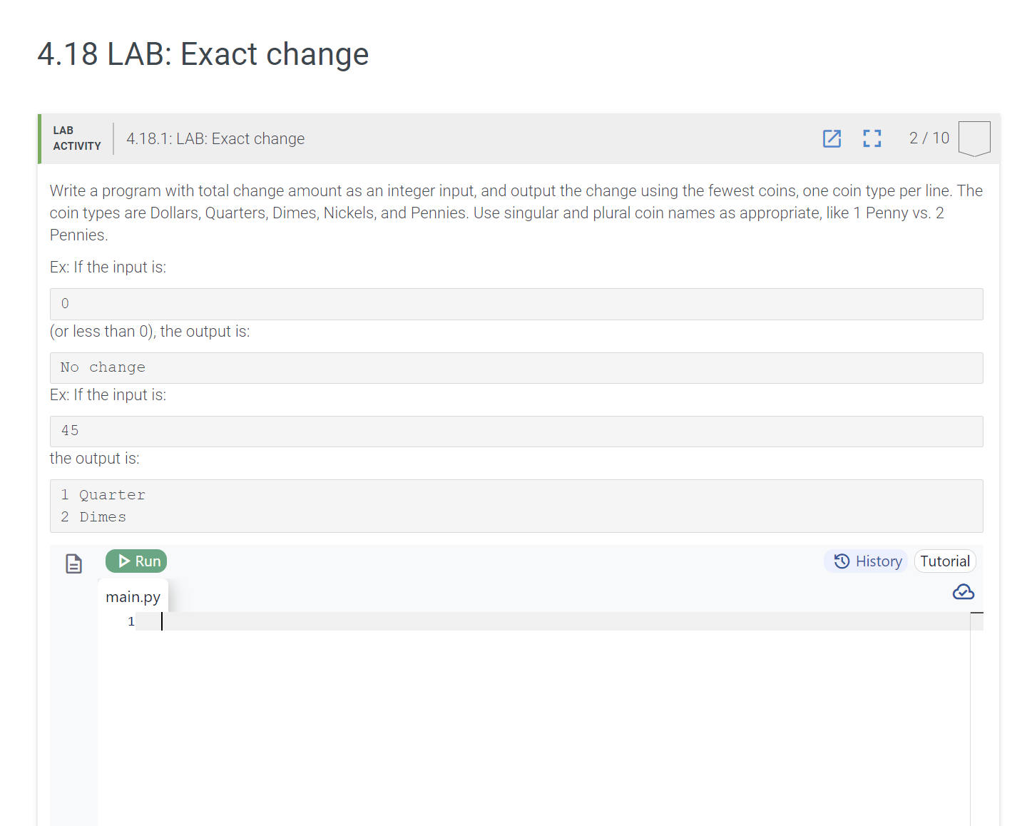 LAB ACTIVITY 4 . 1 8 . 1 : LAB: Exact change