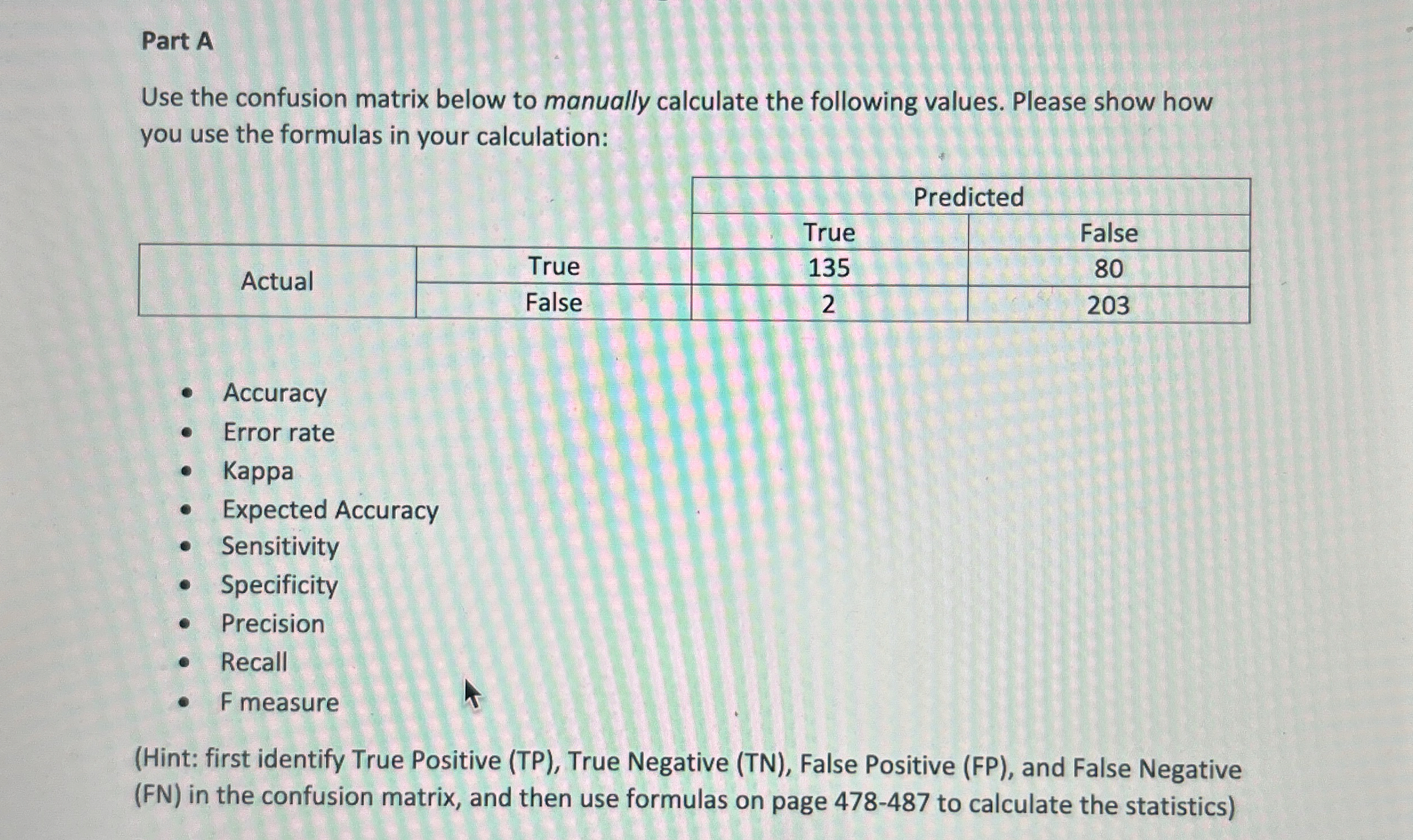 Part A Use the confusion matrix below to manually