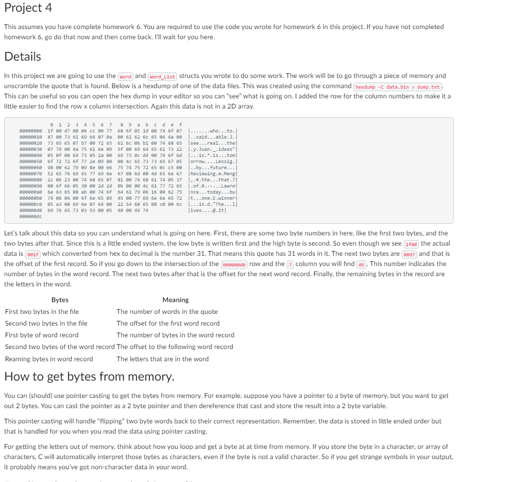 The project details and the code for word.c have