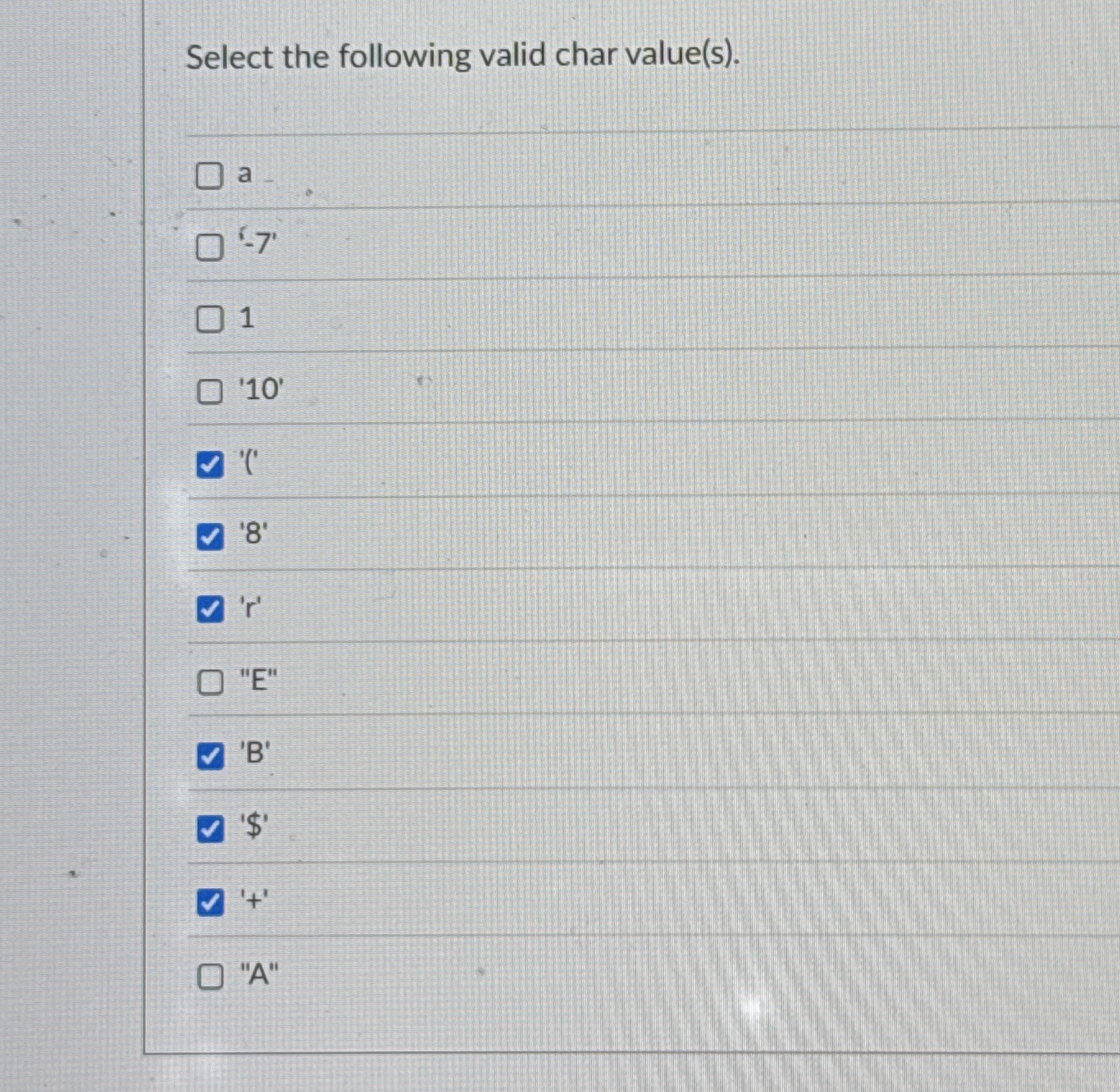 Select the following valid char value ( s ) . a '