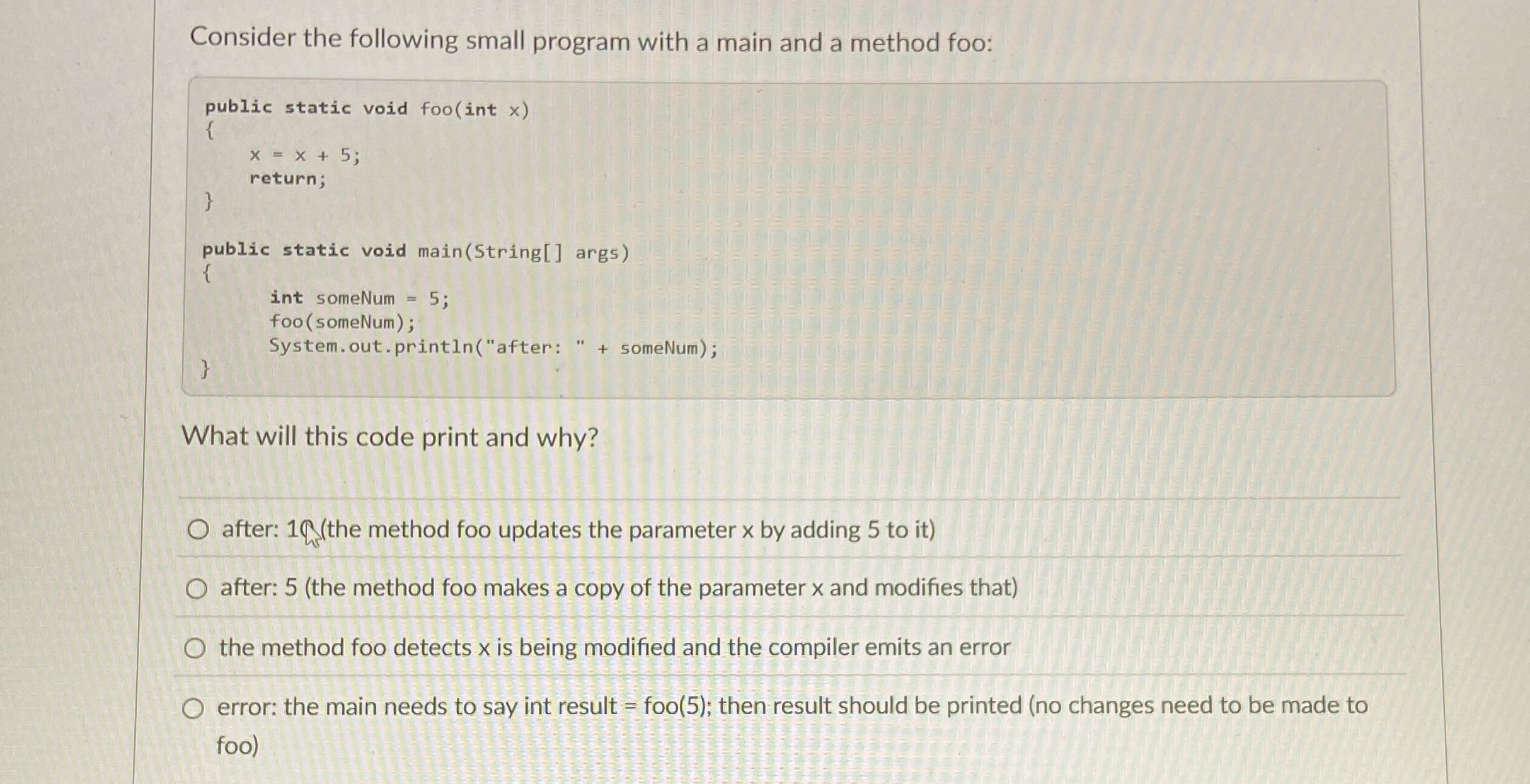 Consider the following method skeleton:Select the