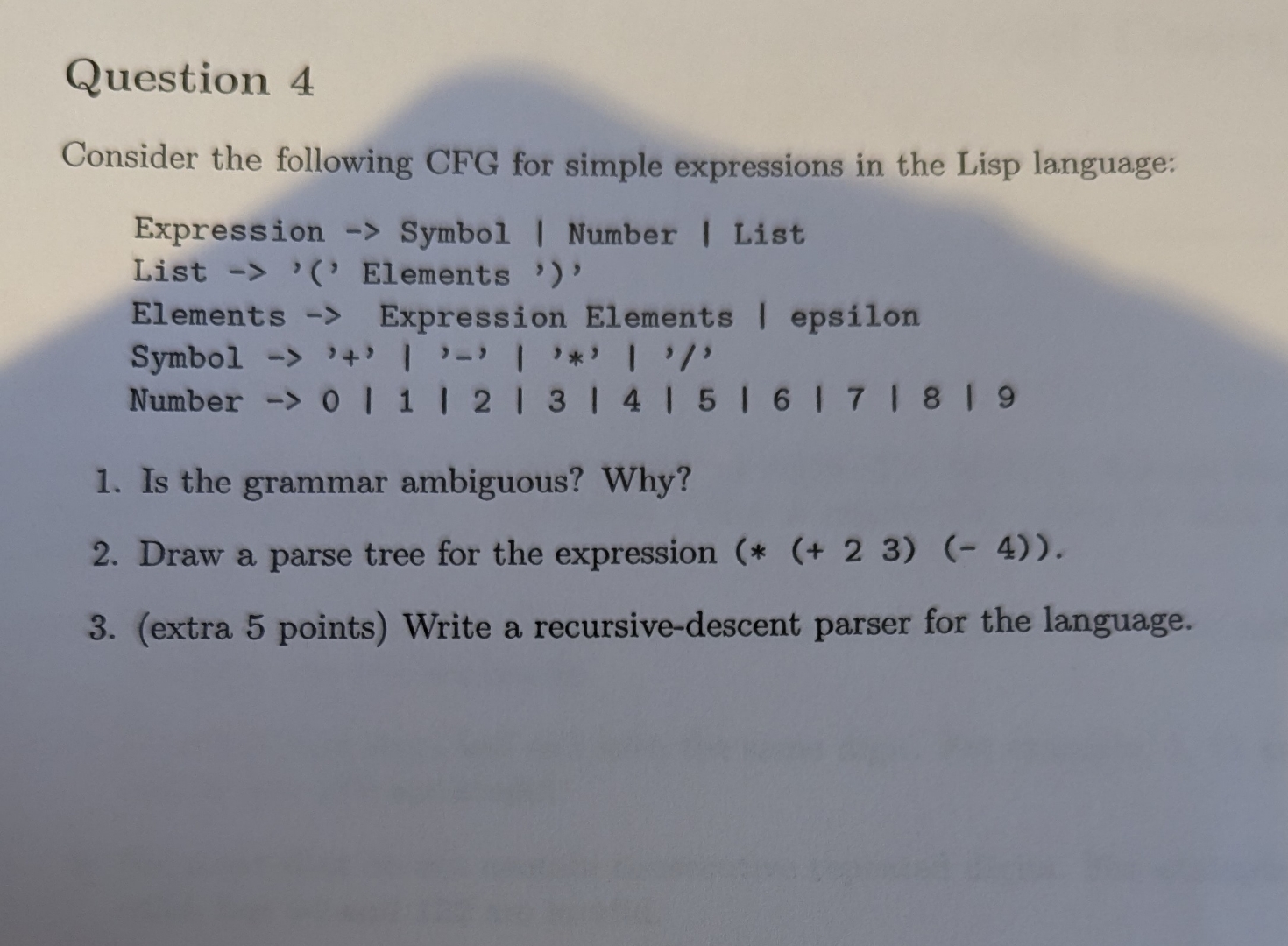 Question 4 Consider the following CFG for simple