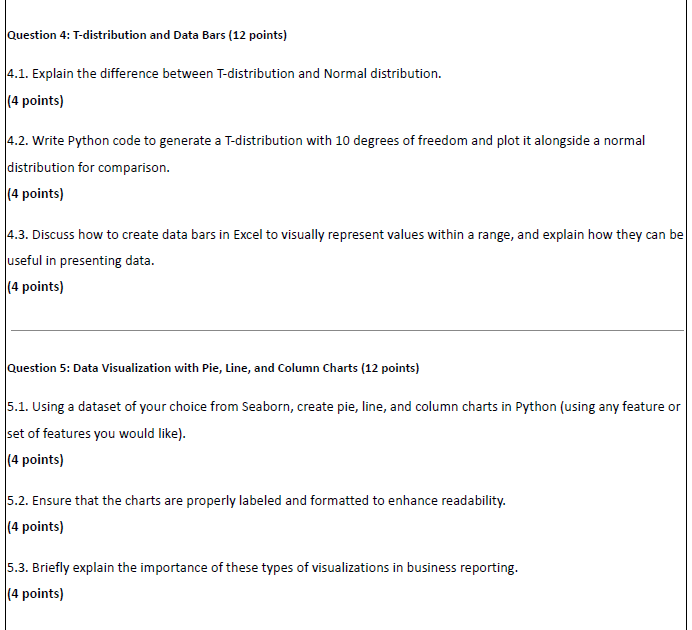 Question 4 : T - distribution and Data Bars ( 1 2