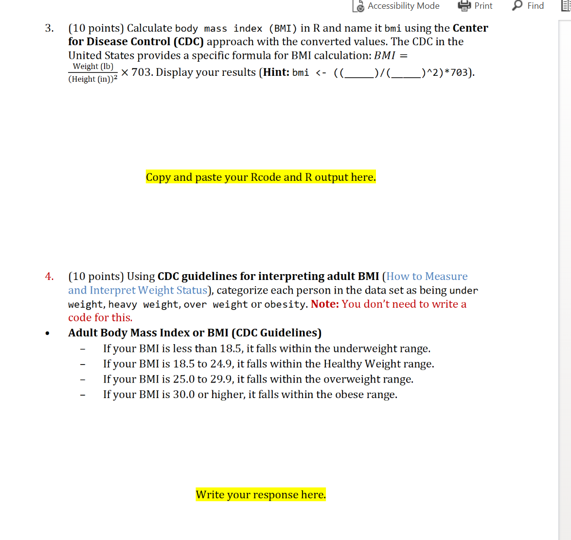 ( 1 0 points ) Calculate body mass index ( BMI )