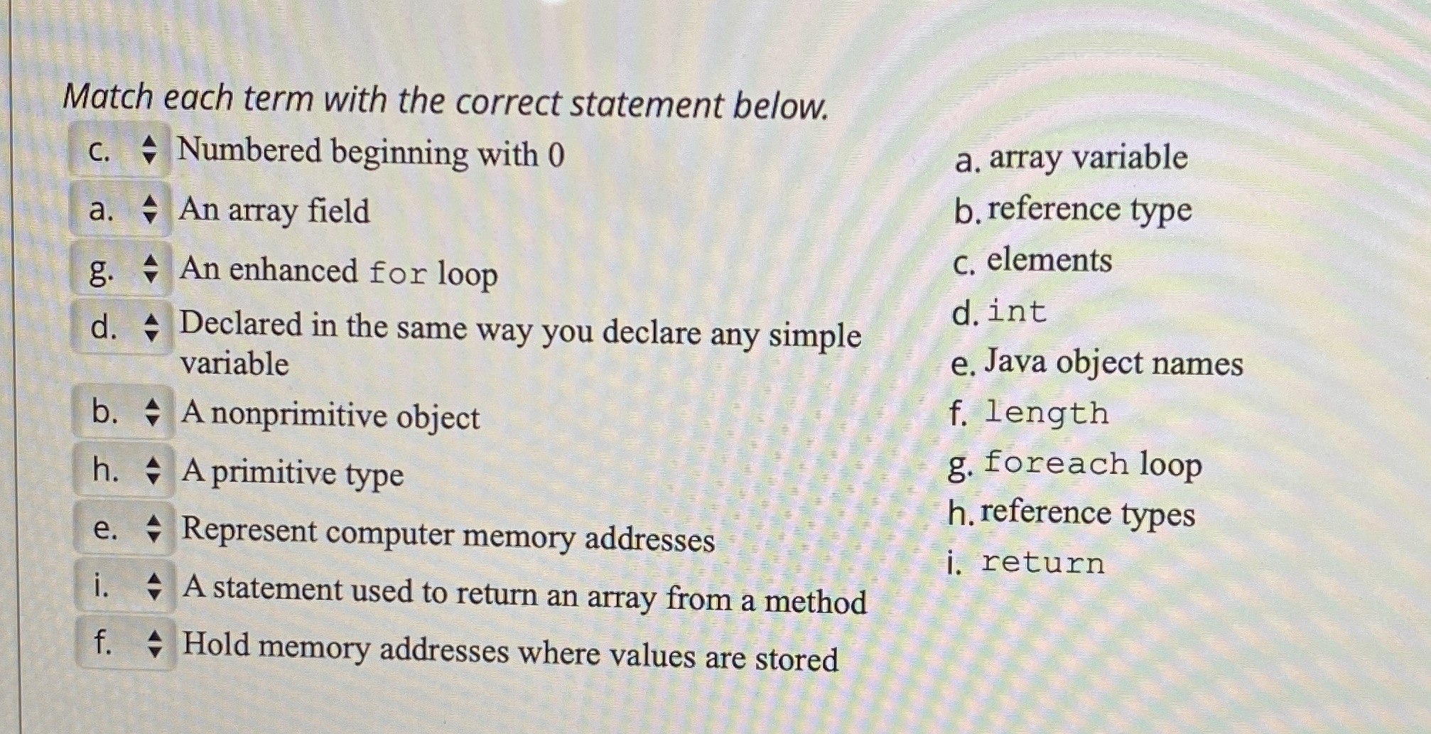 Match each term with the correct statement below.