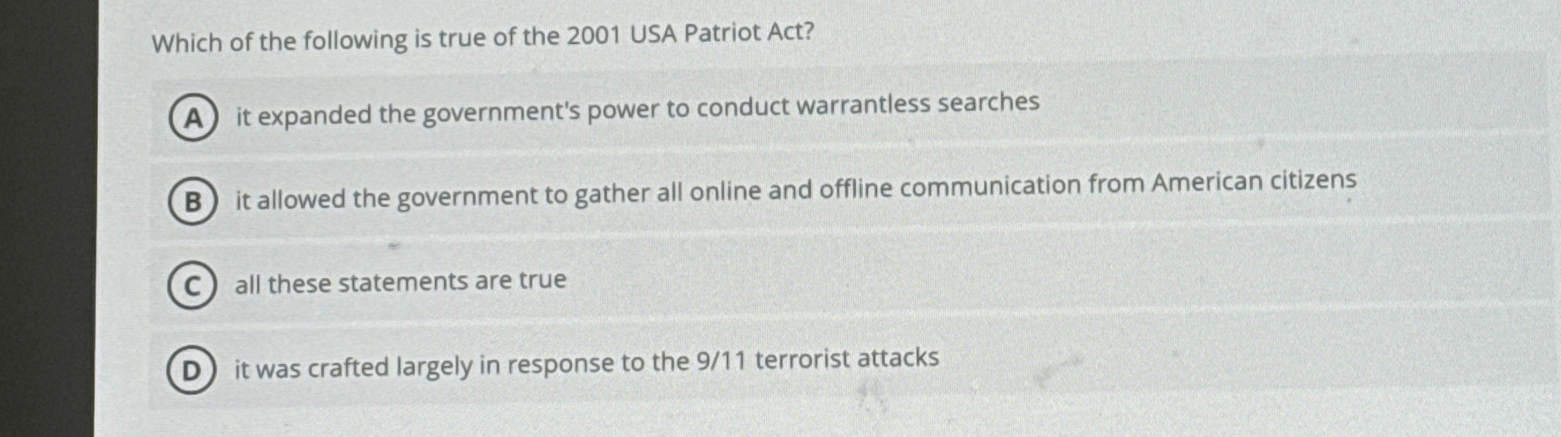 Which of the following is true of the 2 0 0 1 USA