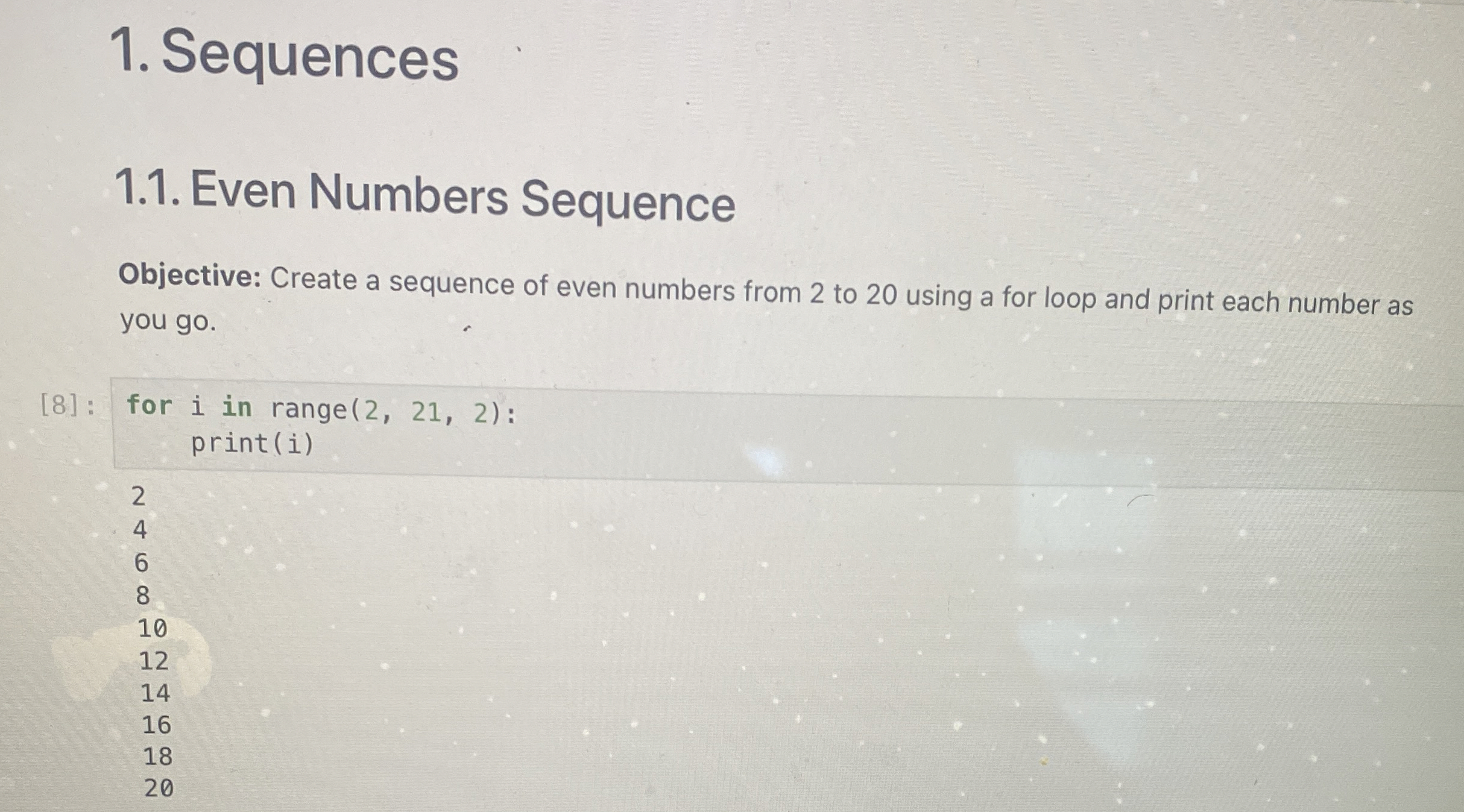 Sequences 1 . 1 . Even Numbers Sequence