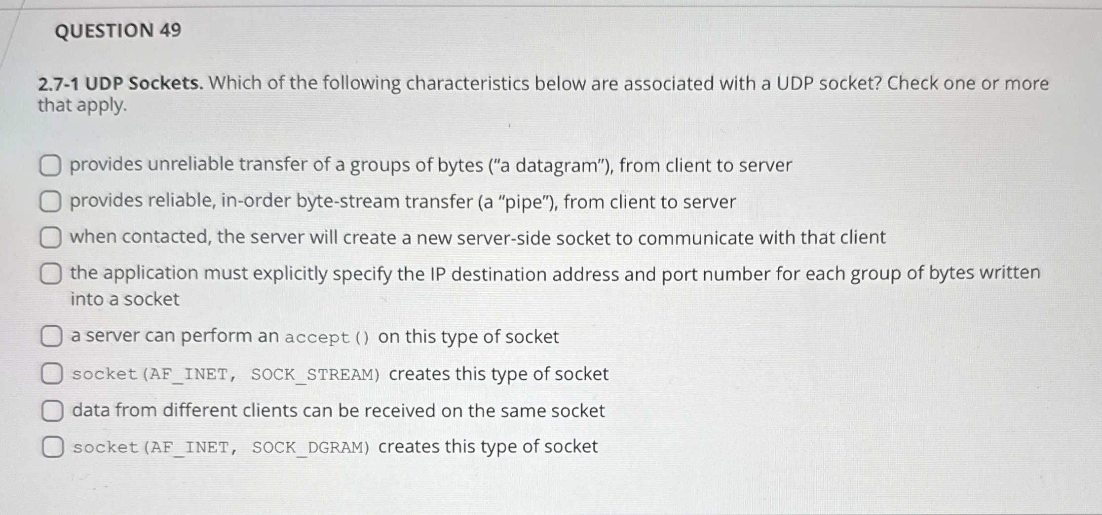 QUESTION 4 9 2 . 7 - 1 UDP Sockets. Which of the
