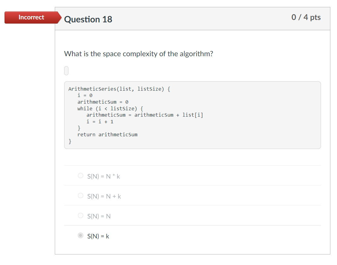 Question 1 8 What is the space complexity of the