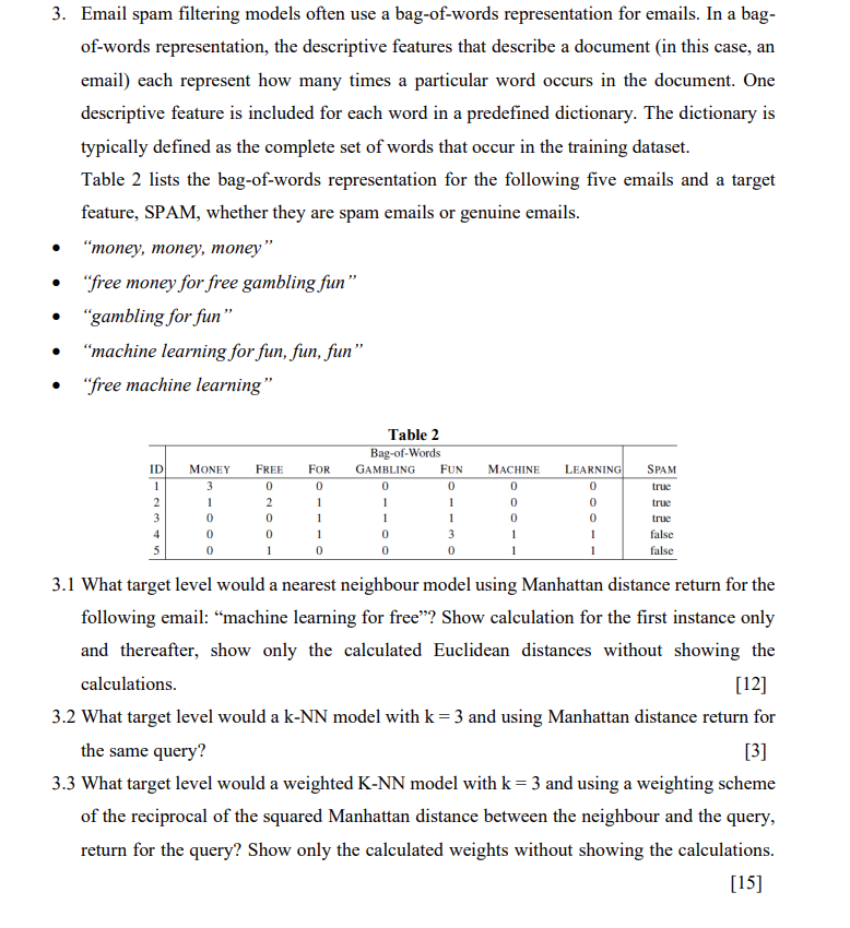 3 . Email spam filtering models often use a bag -