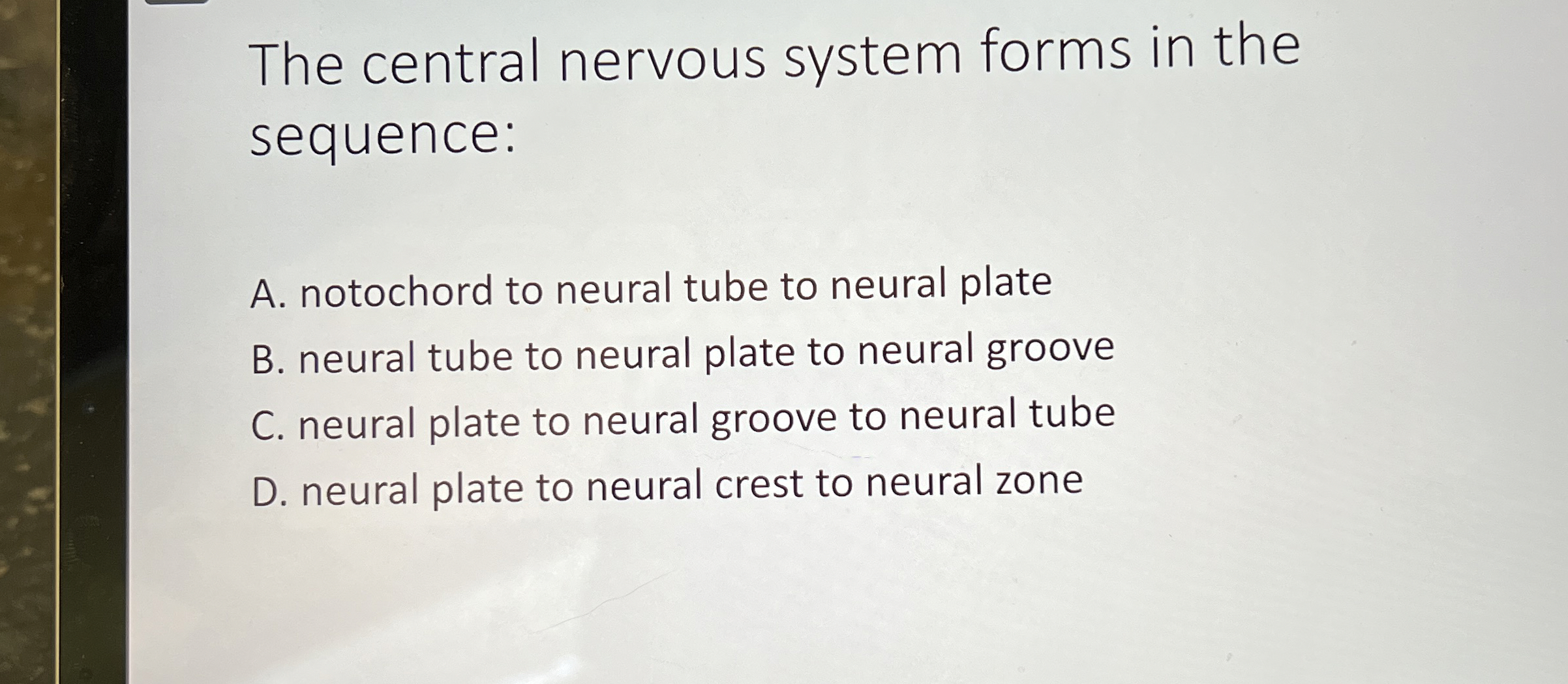 The central nervous system forms in the sequence: