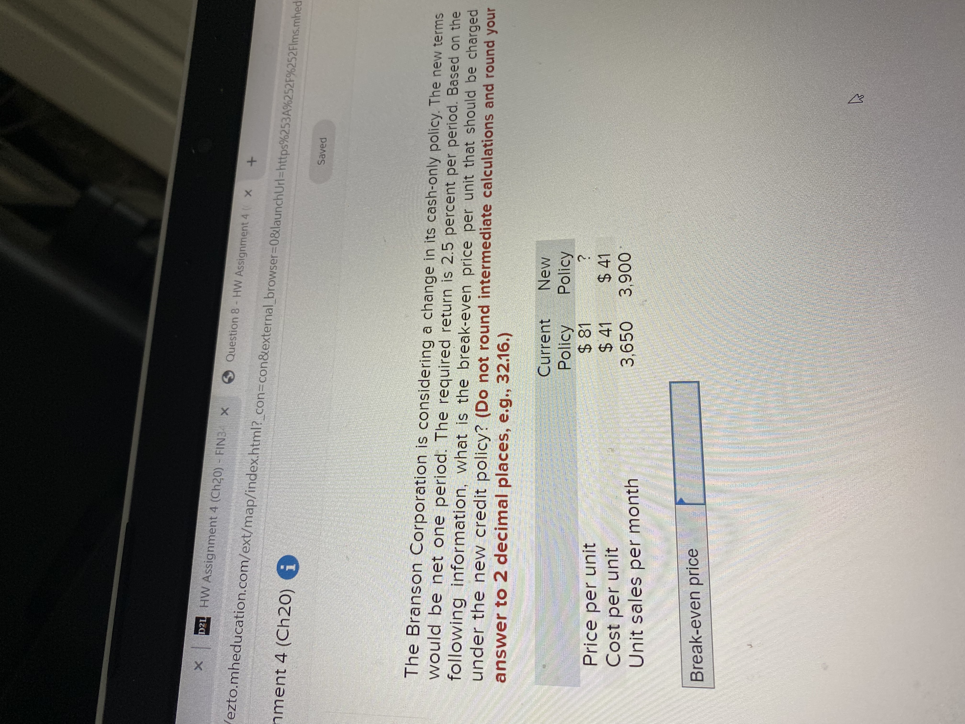 D2L HW Assignment 4 (Ch20) - FIN3 x Question 8 -