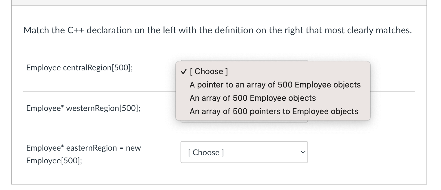 Match the C + + declaration on the left with the