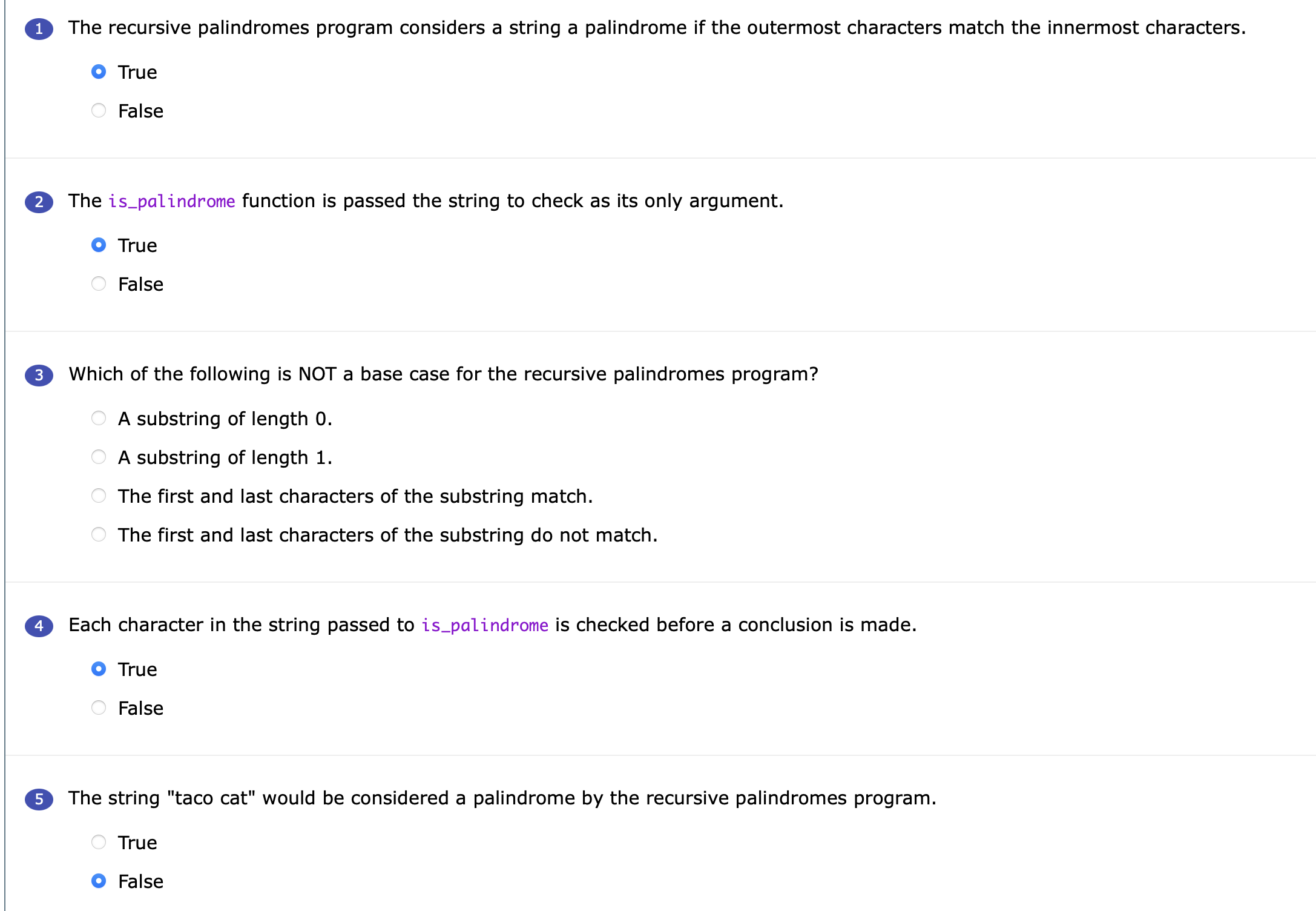 The recursive palindromes program considers a