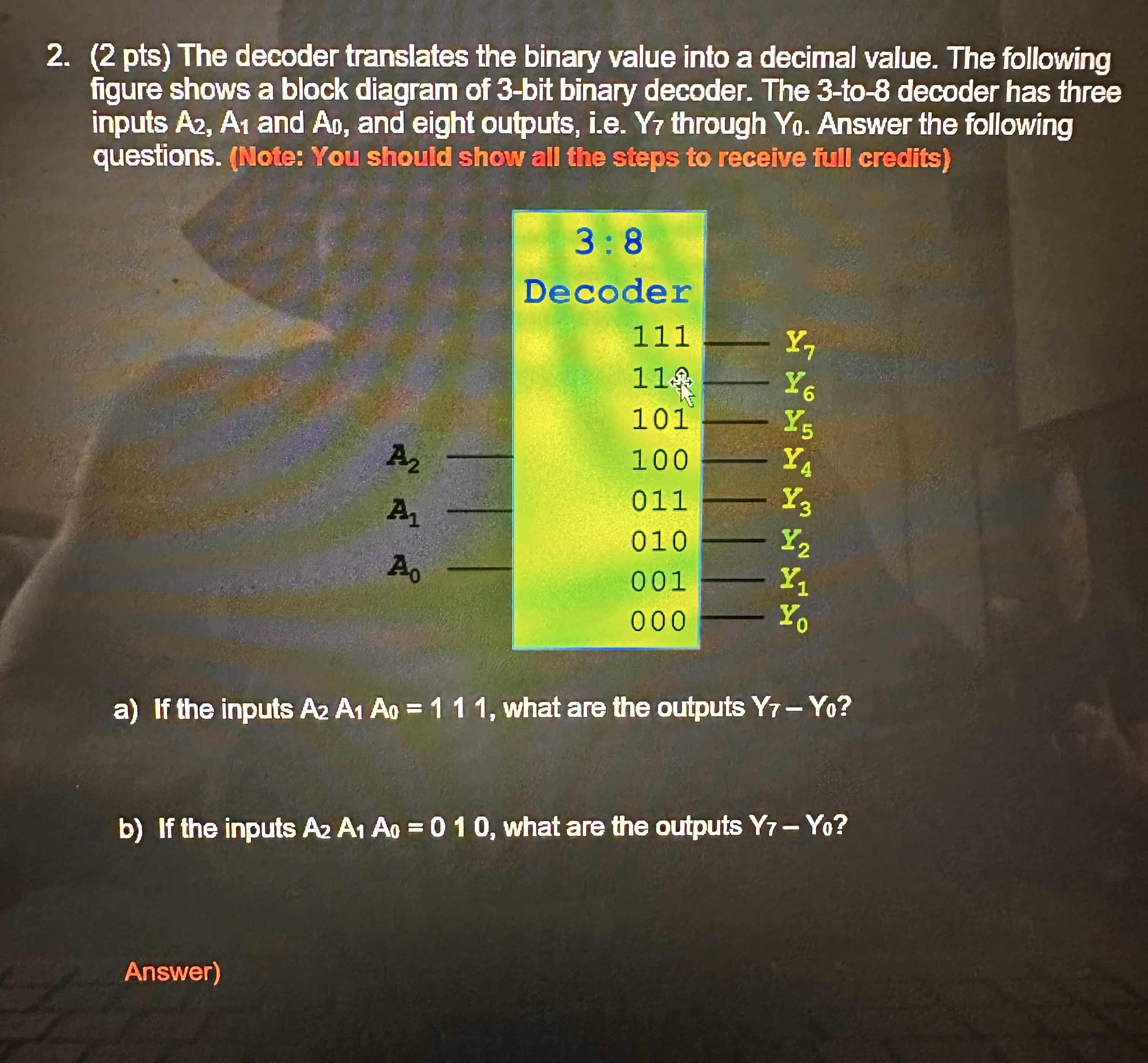 ( 2 pts ) The decoder translates the binary value
