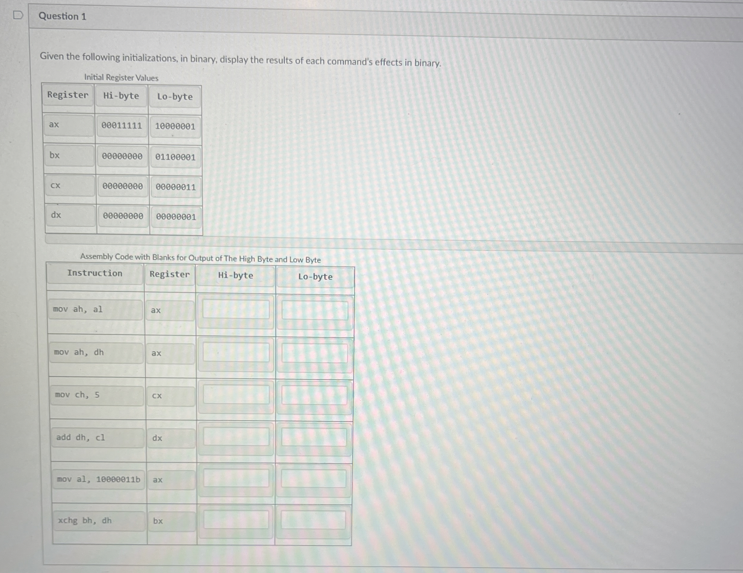 Assembly Language x 8 6 Given the following