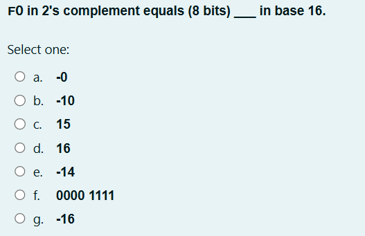 F 0 in 2 ' s complement equals ( 8 bits ) in base