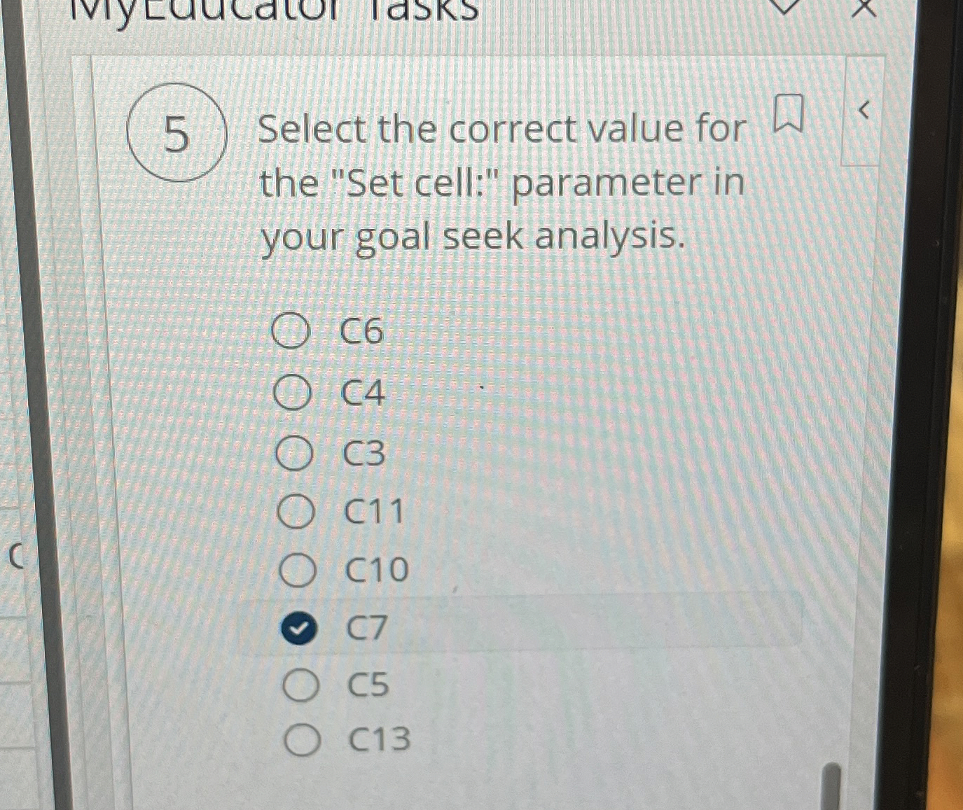 Select the correct value for the "Set cell:"