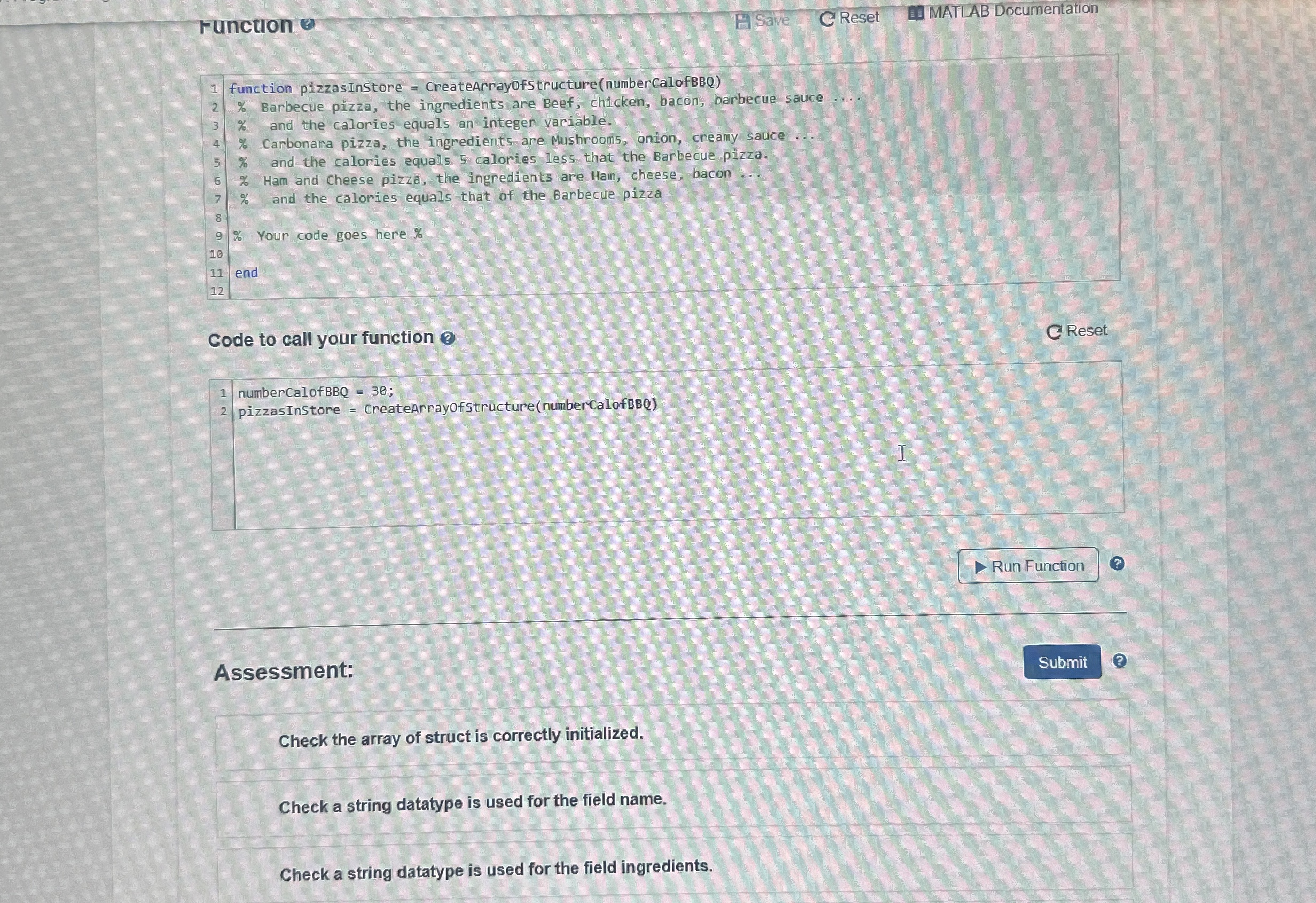 runction Save CReset MATLAB DocumentationCode to