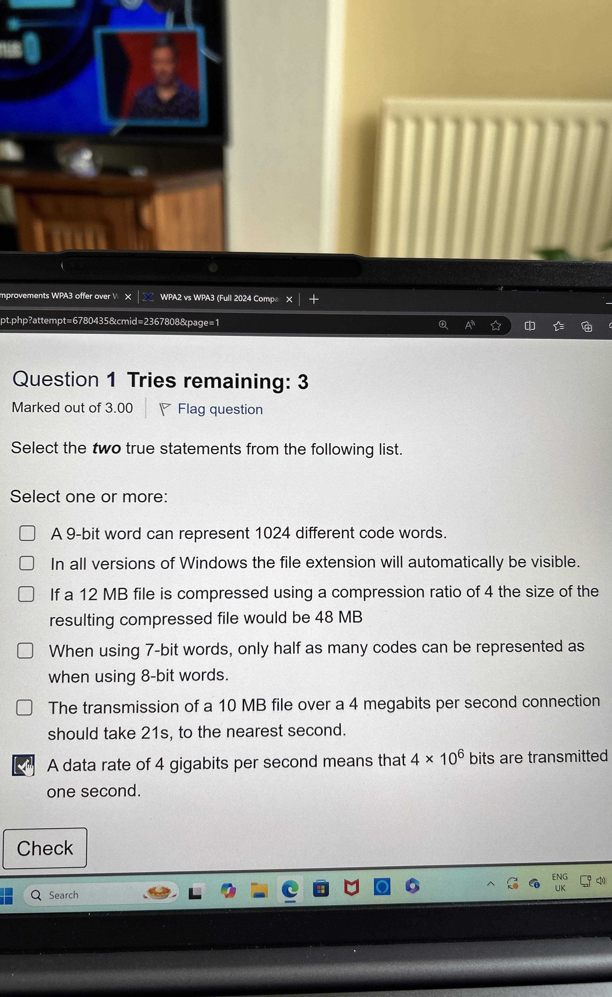 Question 1 Tries remaining: 3 Marked out of 3 . 0