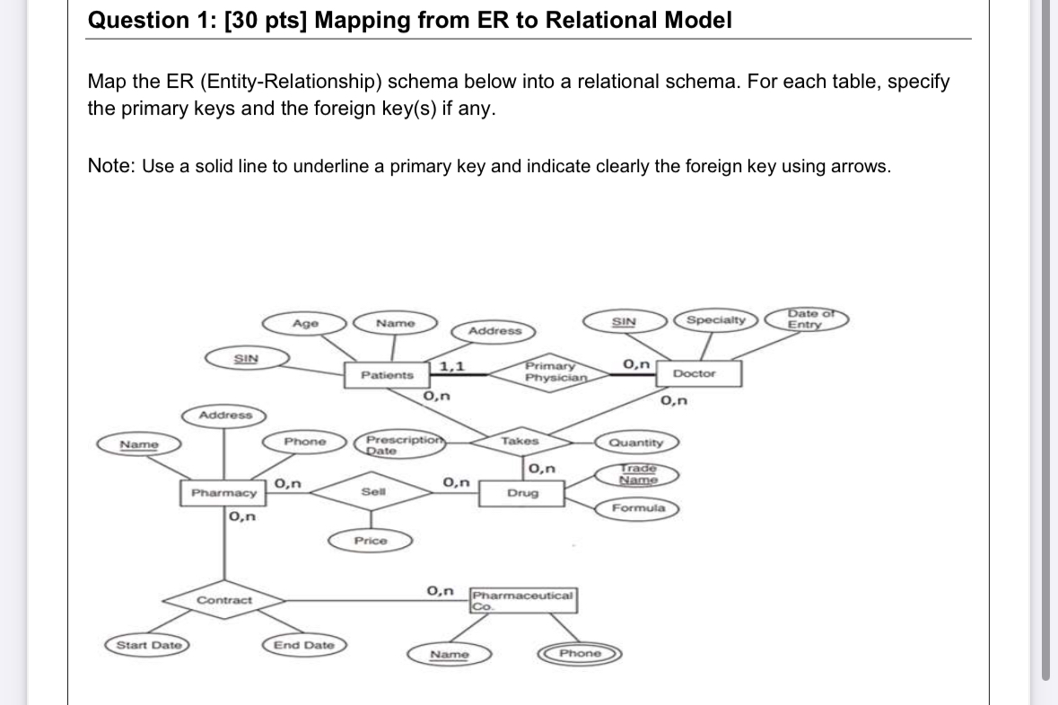 Question 1 : [ 3 0 pts ] Mapping from ER to