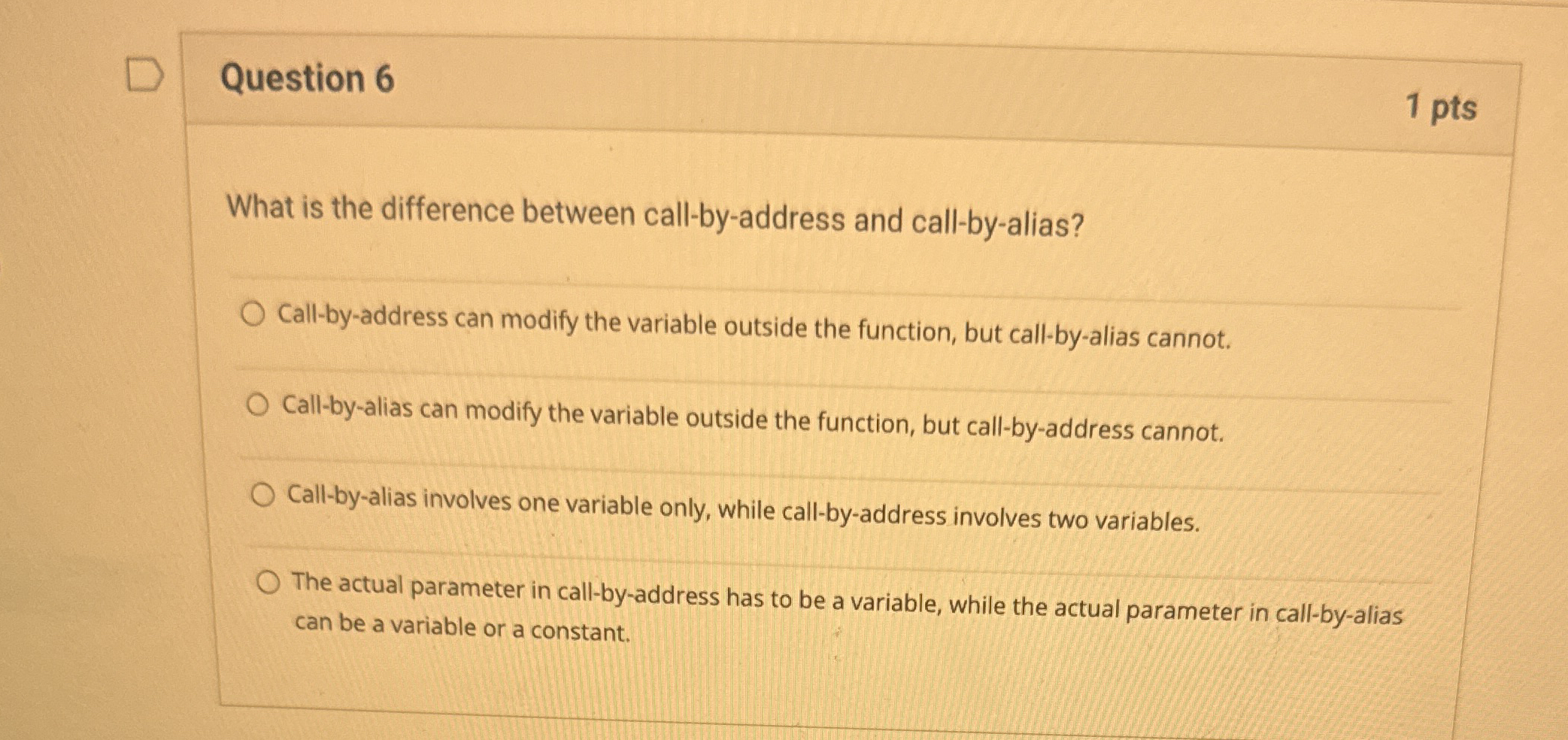 Question 6 1 pts What is the difference between