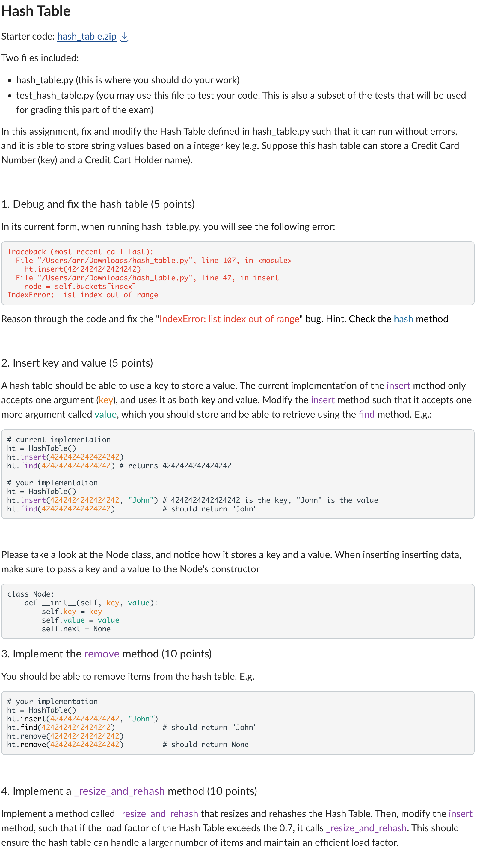 hash table problem in Python. Here is the code