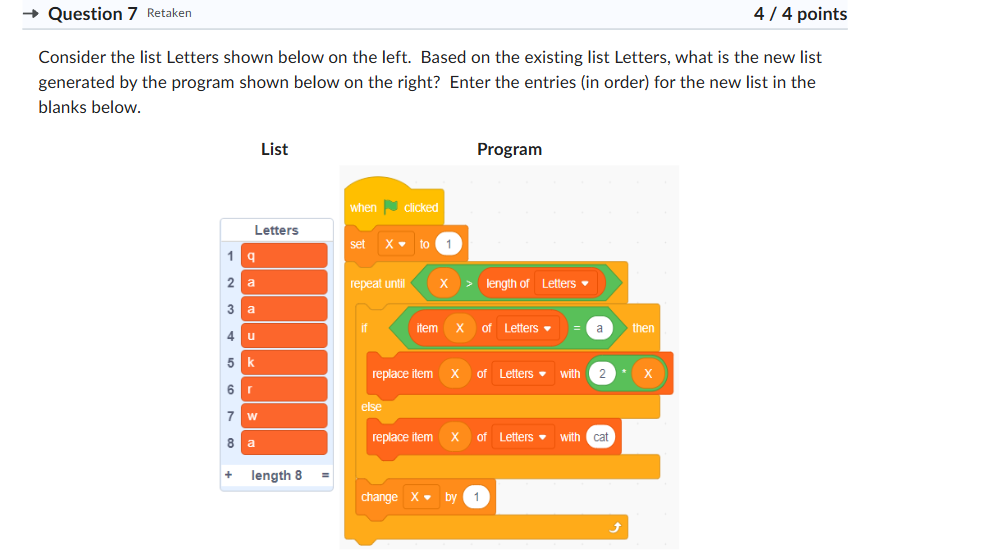 rarr Question 7 Consider the list Letters shown