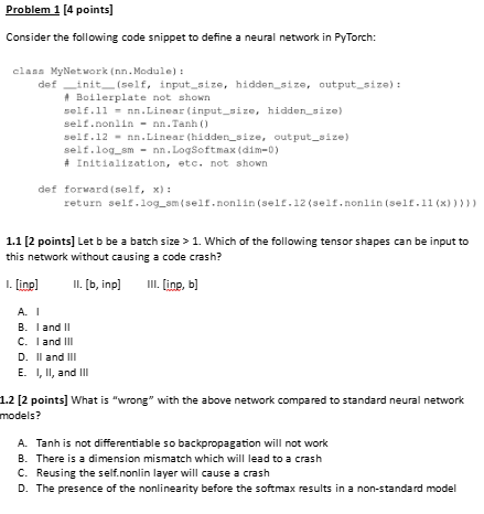 Problem 1 [ 4 points ] Consider the following