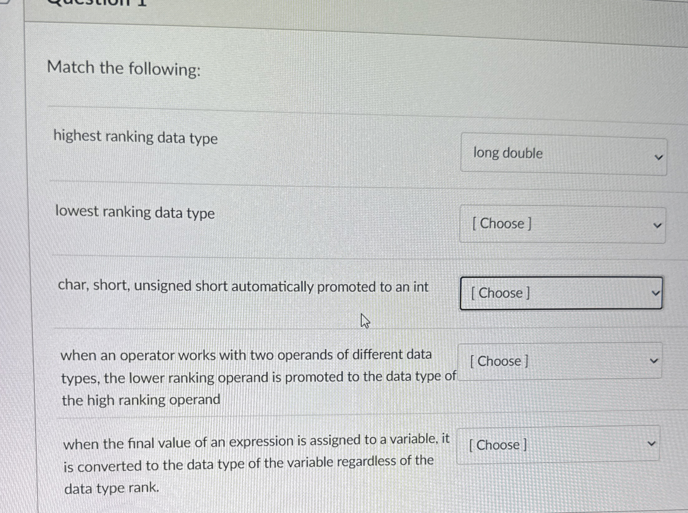 Match the following: highest ranking data type