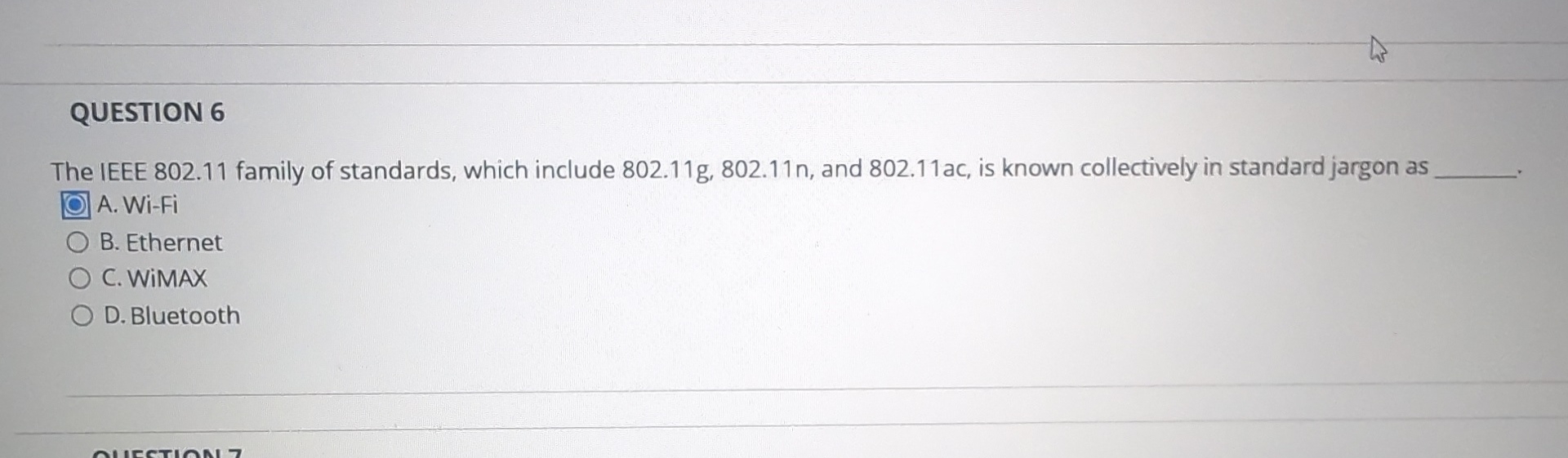 QUESTION 6 The IEEE 8 0 2 . 1 1 family of