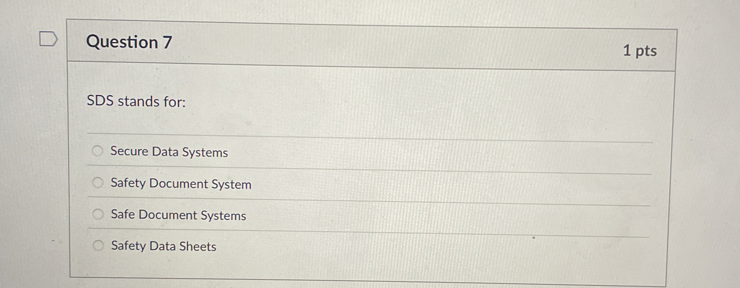 Question 7 1 pts SDS stands for: Secure Data