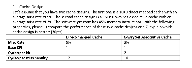 1 . Cache Design Let's assume that you have two