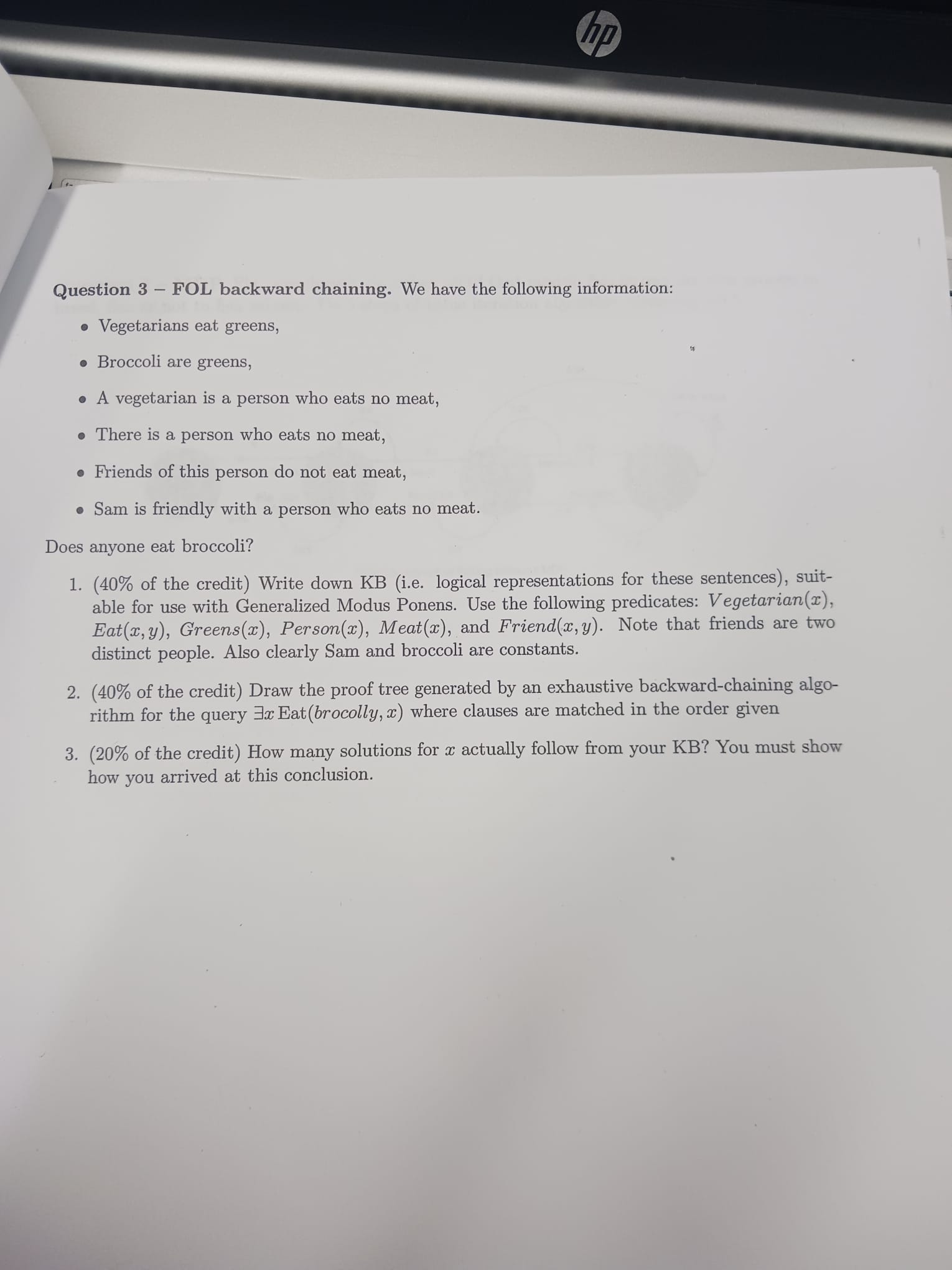 Question 3 - FOL backward chaining. We have the