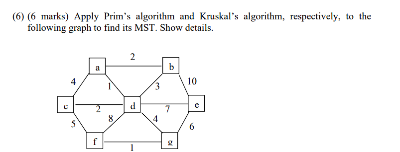 ( 6 ) ( 6 marks ) Apply Prim's algorithm and