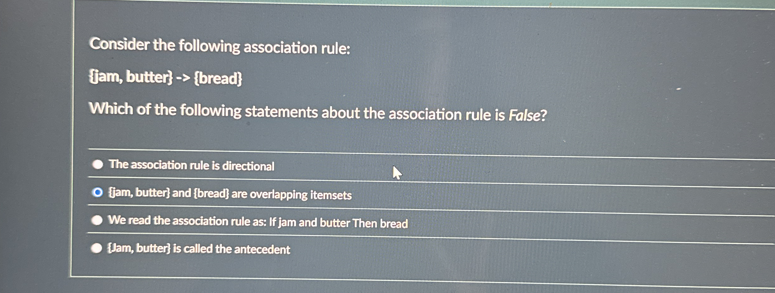 Consider the following association rule: { am ,