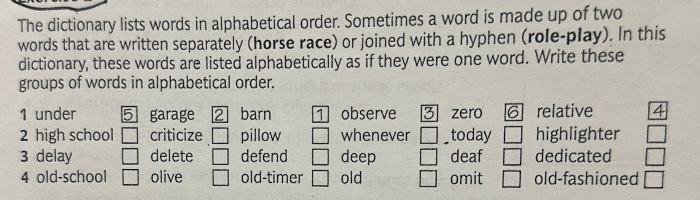 The dictionary lists words in alphabetical order.