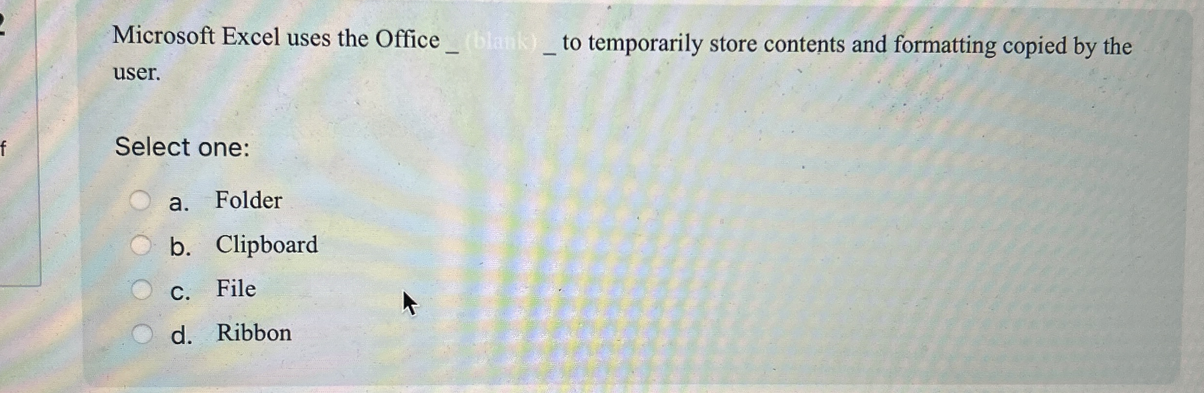 Microsoft Excel uses the Office q , user. to