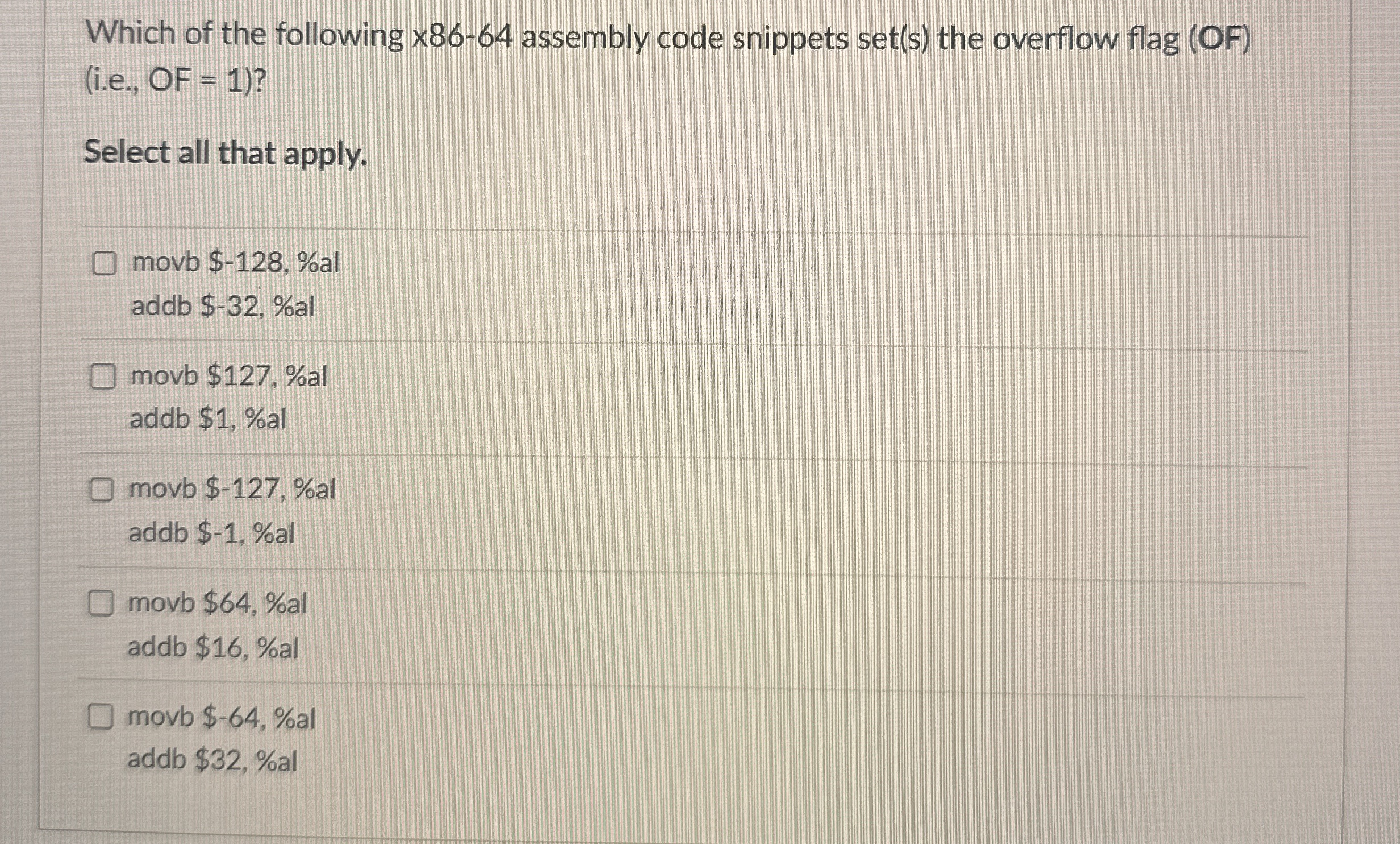 Which of the following x 8 6 - 6 4 assembly code