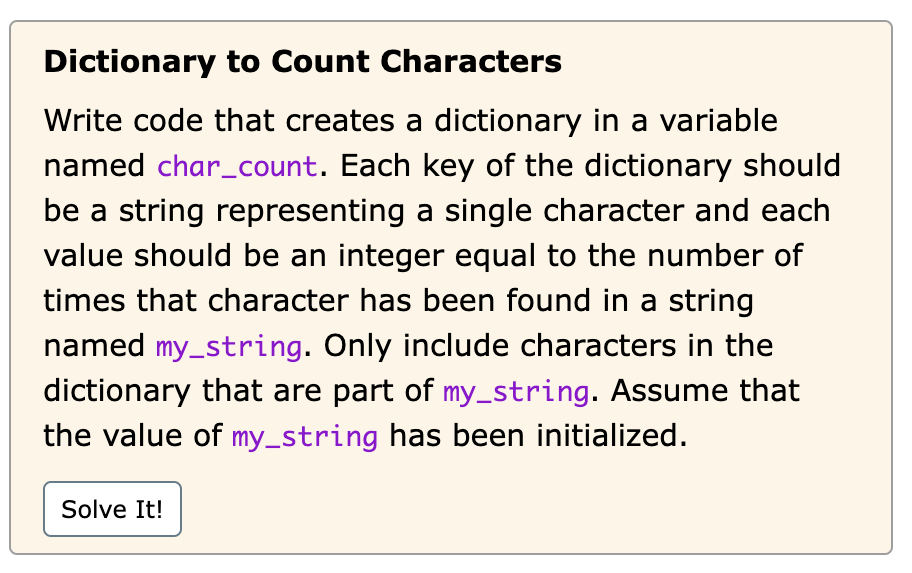 Dictionary to Count Characters Write code that