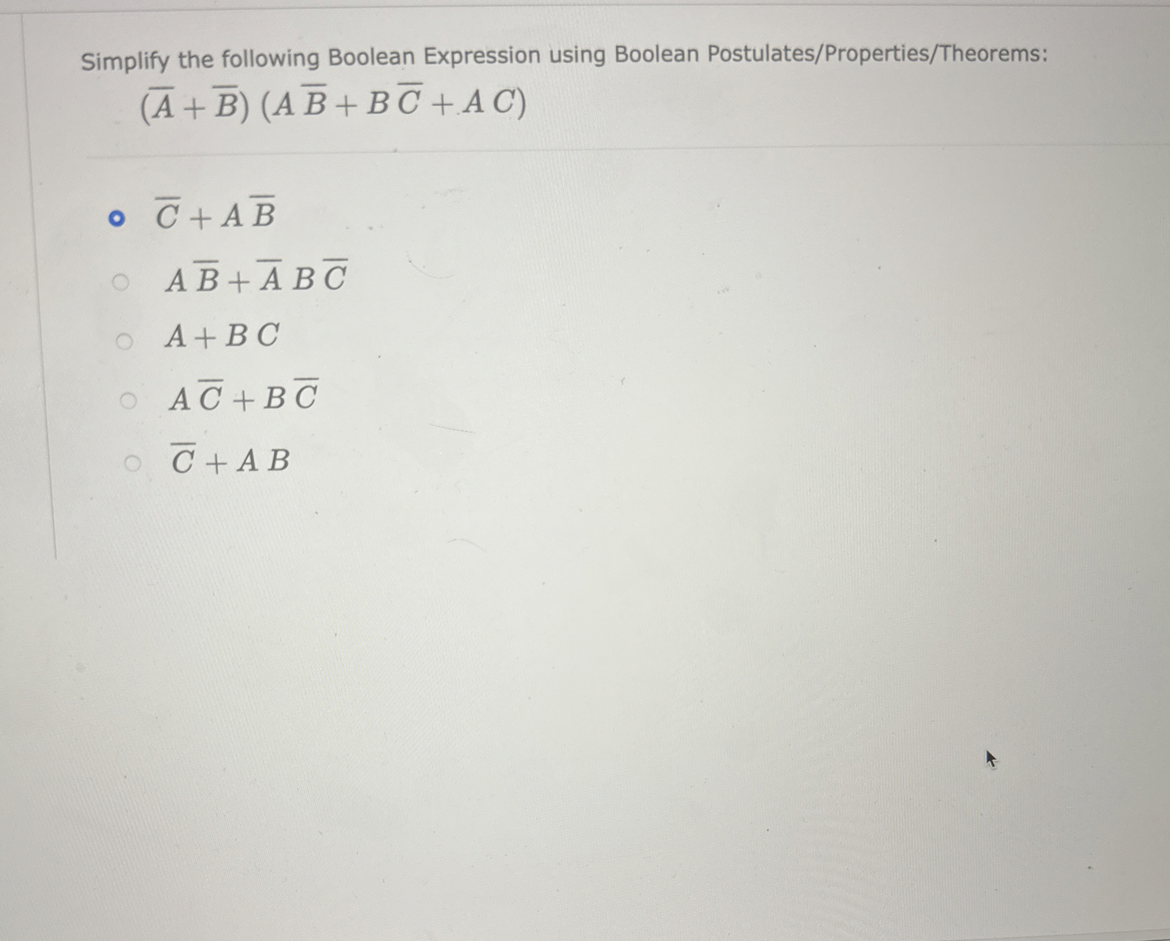 Simplify the following Boolean Expression using