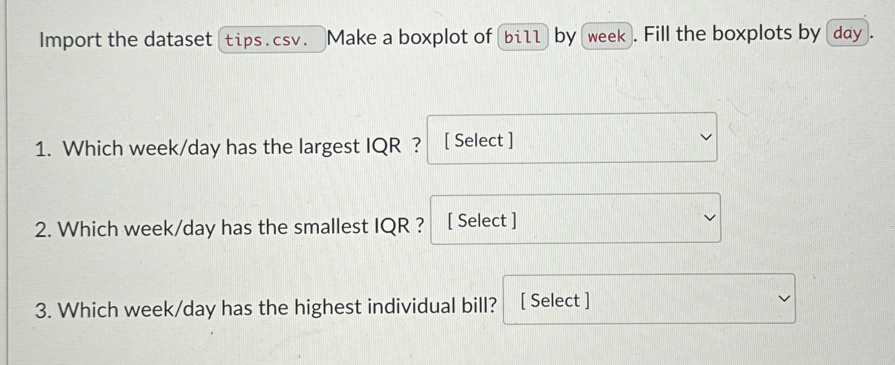 Import the dataset tips.csv . Make a boxplot of
