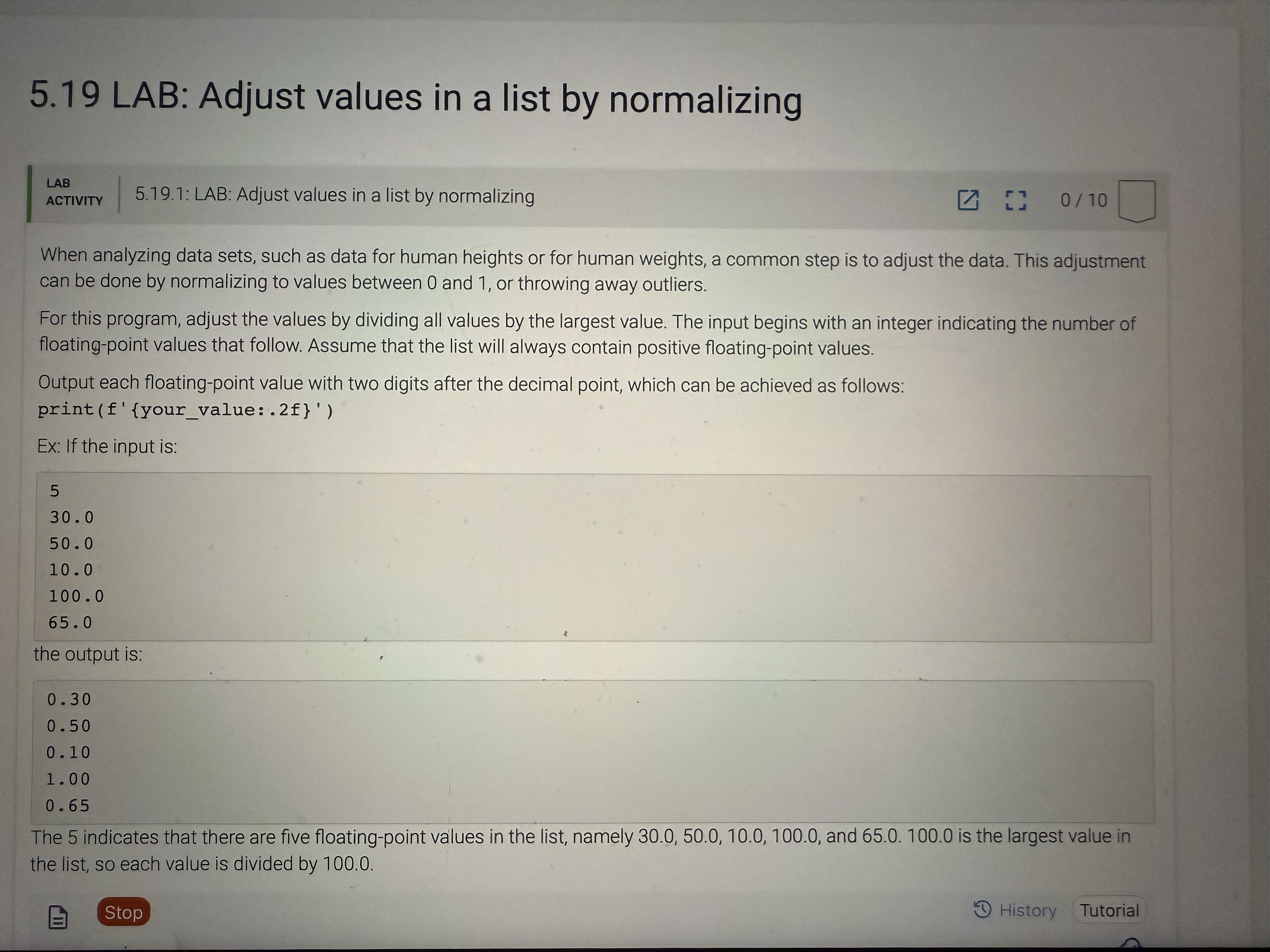 5 . 1 9 LAB: Adjust values in a list by